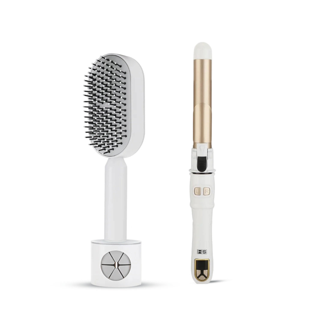 Rotating Hair Curler + Self-Cleaning Hair Brush with Base